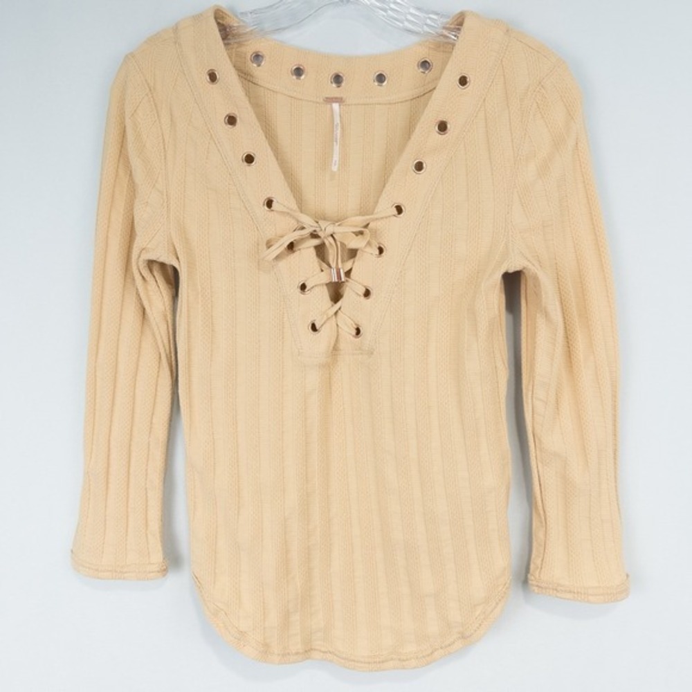 Free People Lace Up V Neck Ribbed Knit Top Size Small Yellow 3/4 Sleeve Y2K Boho